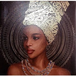 Wall Art Unframed CANVAS, AFRICAN QUEEN w TRADITIONAL HEADWRAP & NECKLACE (GOLD)